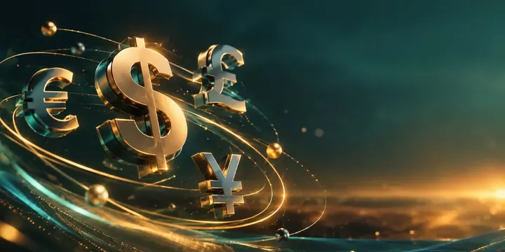 Floating 3D currency symbols of the dollar euro pound and yen orbiting each other
